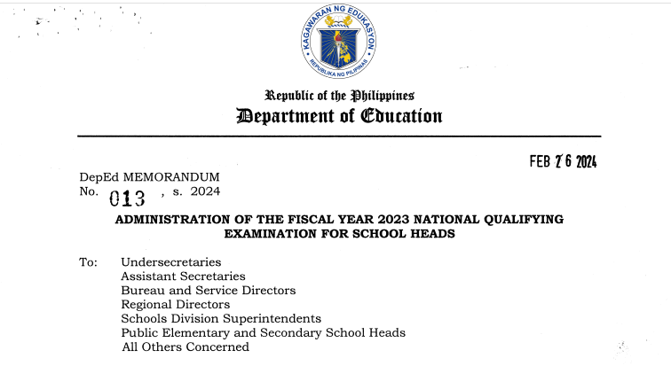 Attention to all aspiring school heads! DM No. 13, s. 2024, or the administration of the FY 2023 National Qualifying Examination for school heads, is out. ==>READ MORE