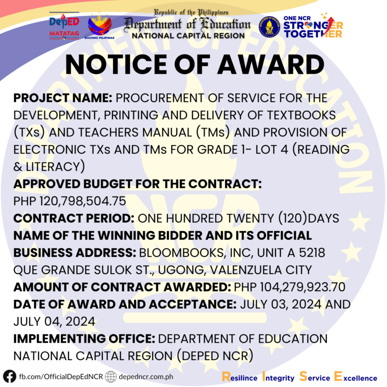 Procurement of Service for the Development, Printing and Delivery of Textbooks (TXs) and Teachers Manuals (TMs)